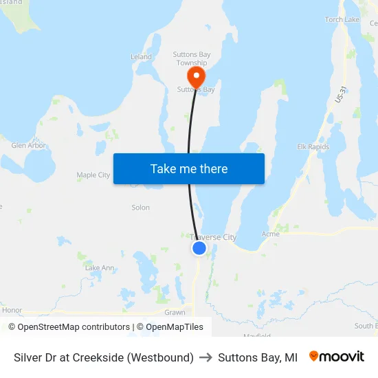 Silver Dr at Creekside (Westbound) to Suttons Bay, MI map