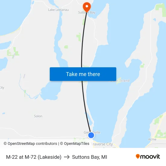 M-22 at M-72 (Lakeside) to Suttons Bay, MI map