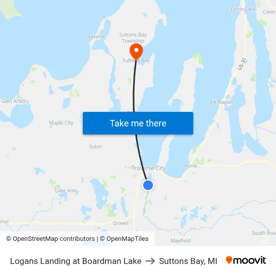 Logans Landing at Boardman Lake to Suttons Bay, MI map
