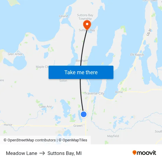 Meadow Lane to Suttons Bay, MI map
