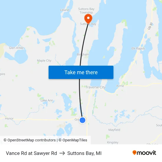 Vance Rd at Sawyer Rd to Suttons Bay, MI map