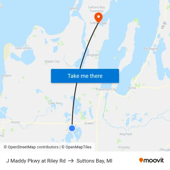 J Maddy Pkwy at Riley Rd to Suttons Bay, MI map