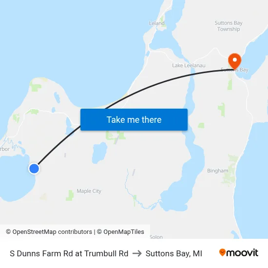 S Dunns Farm Rd at Trumbull Rd to Suttons Bay, MI map