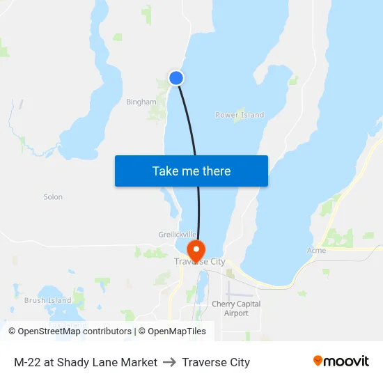 M-22 at Shady Lane Market to Traverse City map