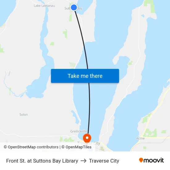 Front St. at Suttons Bay Library to Traverse City map