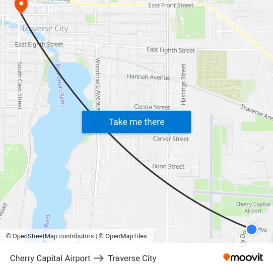 Cherry Capital Airport to Traverse City map