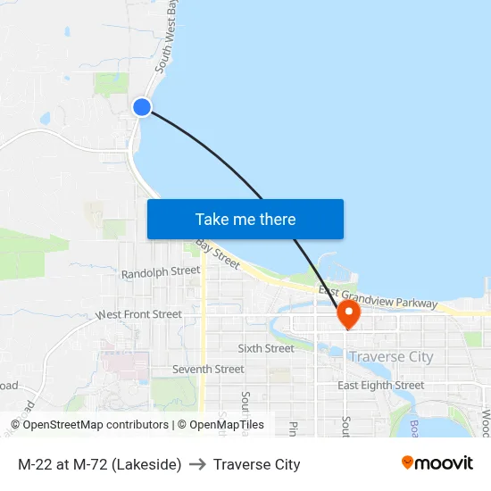 M-22 at M-72 (Lakeside) to Traverse City map