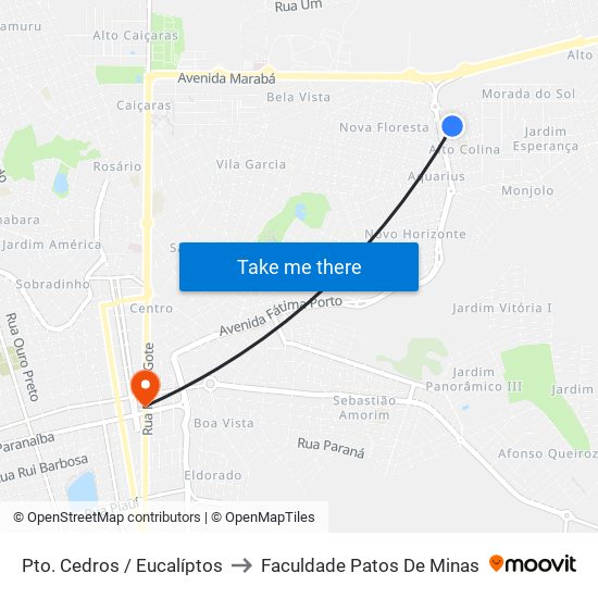 Pto. Cedros / Eucalíptos to Faculdade Patos De Minas map