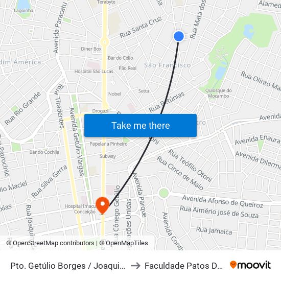 Pto. Getúlio Borges / Joaquim Borges to Faculdade Patos De Minas map