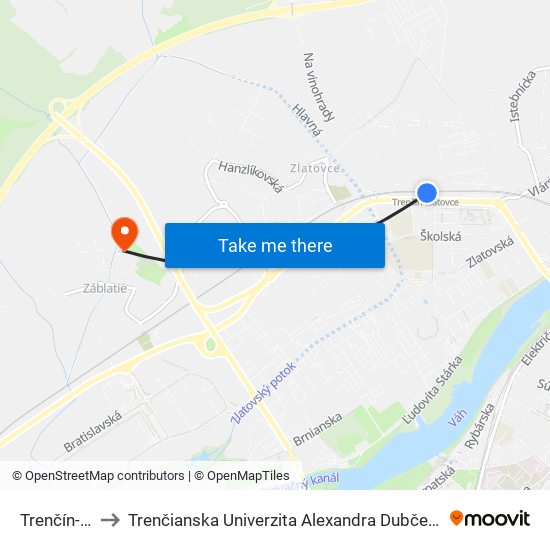 Trenčín-Zlatovce to Trenčianska Univerzita Alexandra Dubčeka - Fakulta Špeciálnej Techniky map