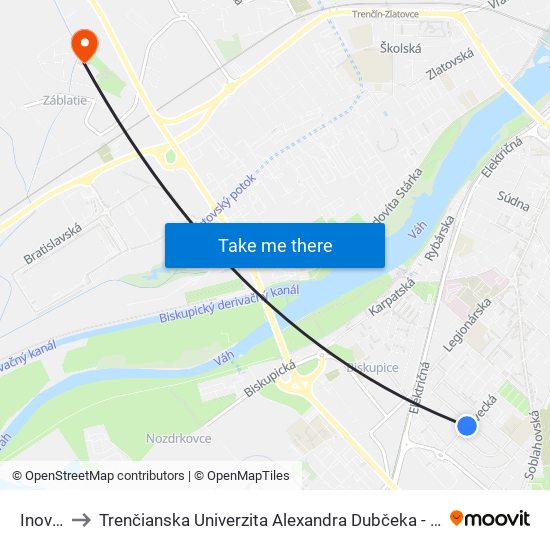 Inovecká to Trenčianska Univerzita Alexandra Dubčeka - Fakulta Špeciálnej Techniky map