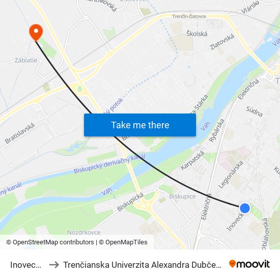 Inovecká, Stred to Trenčianska Univerzita Alexandra Dubčeka - Fakulta Špeciálnej Techniky map