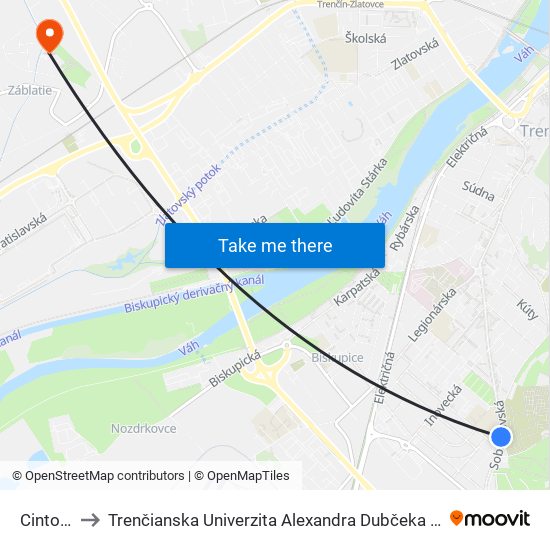 Cintorínska to Trenčianska Univerzita Alexandra Dubčeka - Fakulta Špeciálnej Techniky map