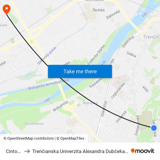 Cintorín Juh to Trenčianska Univerzita Alexandra Dubčeka - Fakulta Špeciálnej Techniky map