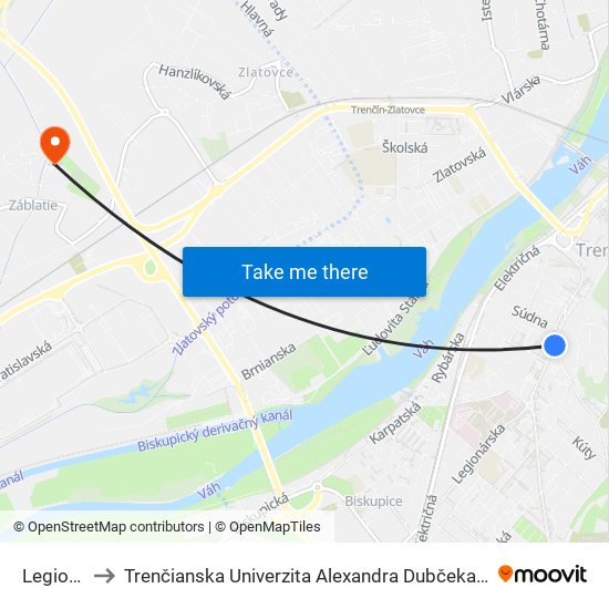 Legionárska to Trenčianska Univerzita Alexandra Dubčeka - Fakulta Špeciálnej Techniky map