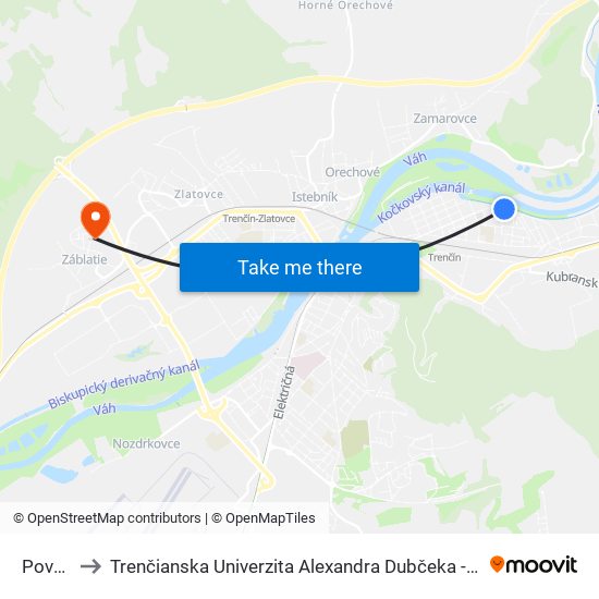 Považská to Trenčianska Univerzita Alexandra Dubčeka - Fakulta Špeciálnej Techniky map