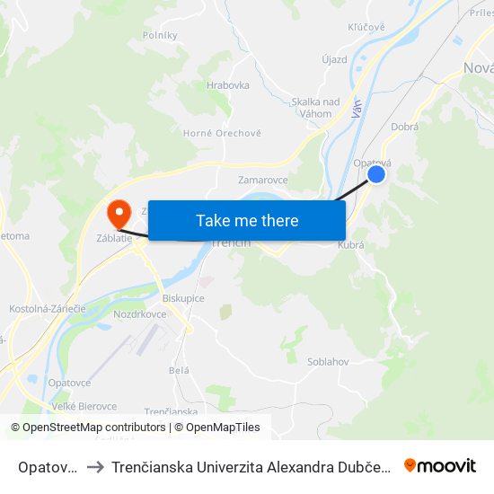 Opatová, Maják to Trenčianska Univerzita Alexandra Dubčeka - Fakulta Špeciálnej Techniky map