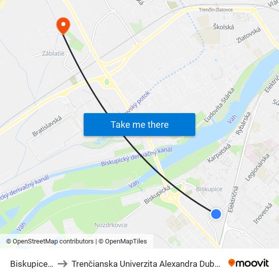 Biskupice, Námestie to Trenčianska Univerzita Alexandra Dubčeka - Fakulta Špeciálnej Techniky map