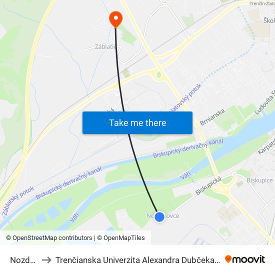 Nozdrkovce to Trenčianska Univerzita Alexandra Dubčeka - Fakulta Špeciálnej Techniky map