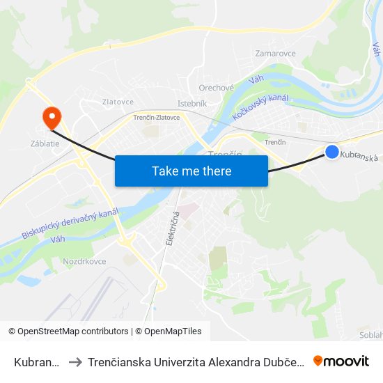 Kubranská, Billa to Trenčianska Univerzita Alexandra Dubčeka - Fakulta Špeciálnej Techniky map