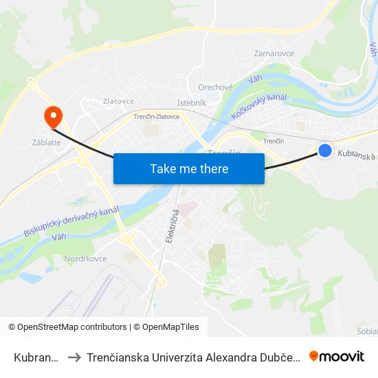 Kubranská, Billa to Trenčianska Univerzita Alexandra Dubčeka - Fakulta Špeciálnej Techniky map