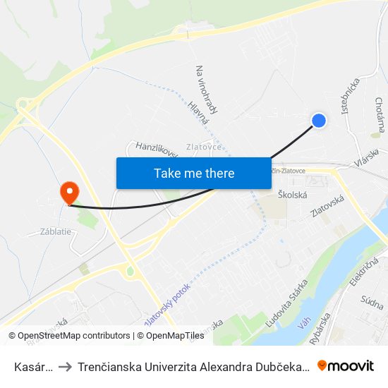 Kasárenská to Trenčianska Univerzita Alexandra Dubčeka - Fakulta Špeciálnej Techniky map