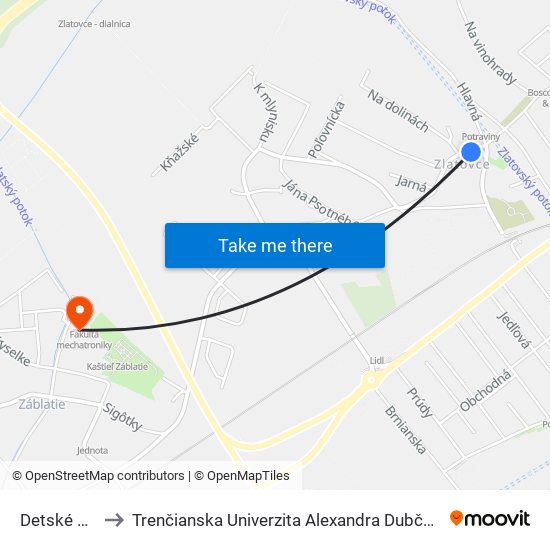 Detské Mestečko to Trenčianska Univerzita Alexandra Dubčeka - Fakulta Špeciálnej Techniky map