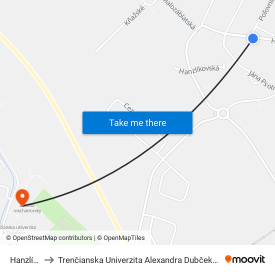 Hanzlíkovská to Trenčianska Univerzita Alexandra Dubčeka - Fakulta Špeciálnej Techniky map