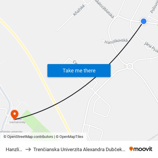 Hanzlíkovská to Trenčianska Univerzita Alexandra Dubčeka - Fakulta Špeciálnej Techniky map