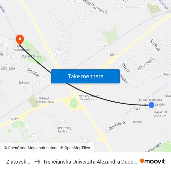 Zlatovská, Vod-Eko to Trenčianska Univerzita Alexandra Dubčeka - Fakulta Špeciálnej Techniky map