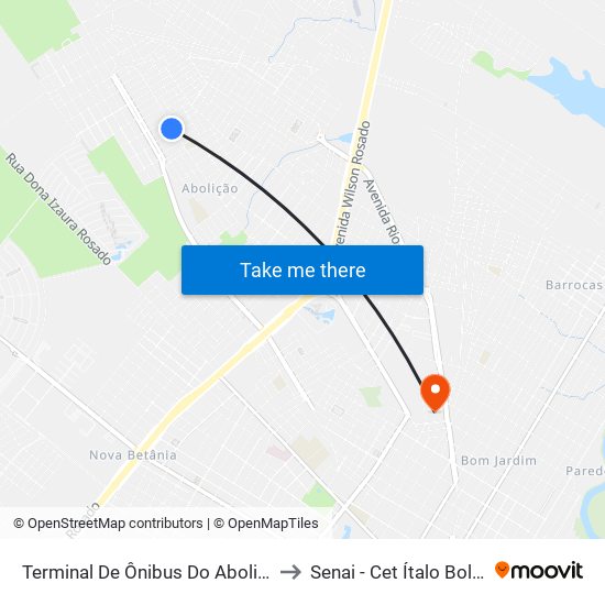 Terminal De Ônibus Do Abolição IV to Senai - Cet Ítalo Bologna map