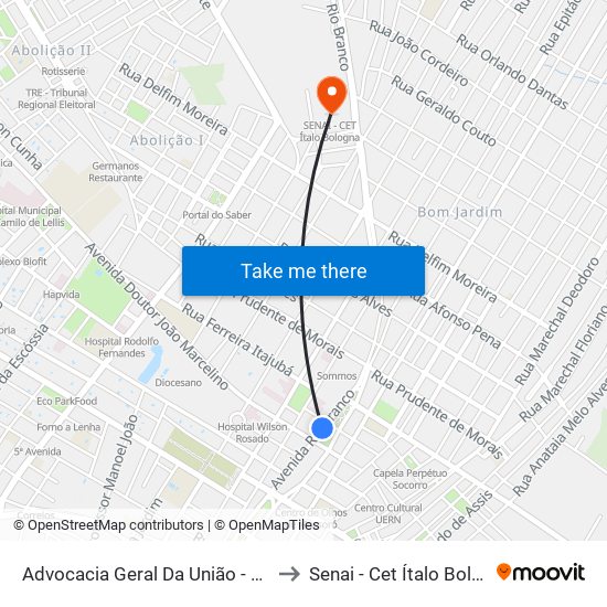 Advocacia Geral Da União - Centro to Senai - Cet Ítalo Bologna map