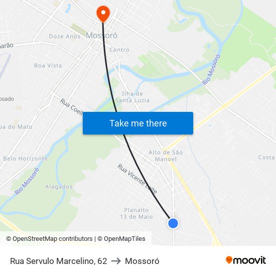 Rua Servulo Marcelino, 62 to Mossoró map