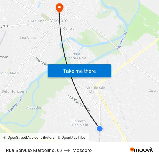 Rua Servulo Marcelino, 62 to Mossoró map