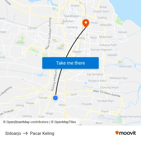 Sidoarjo to Pacar Keling map
