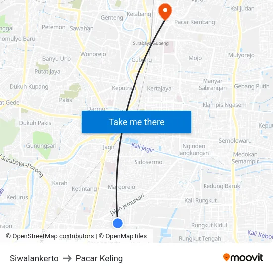 Siwalankerto to Pacar Keling map