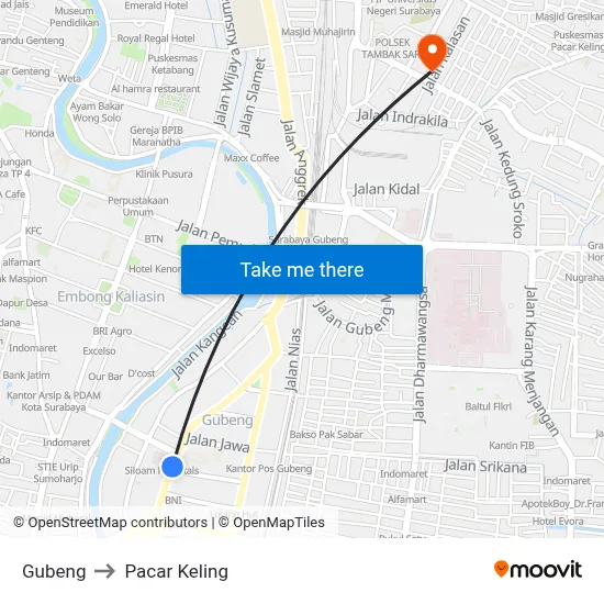 Gubeng to Pacar Keling map