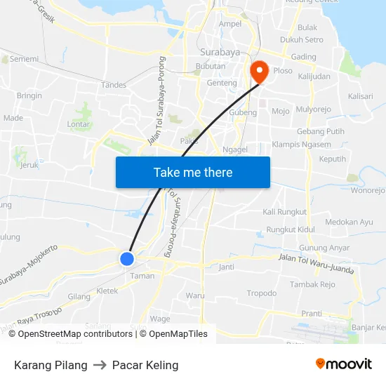Karang Pilang to Pacar Keling map
