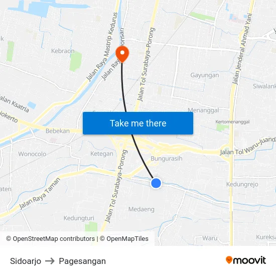 Sidoarjo to Pagesangan map