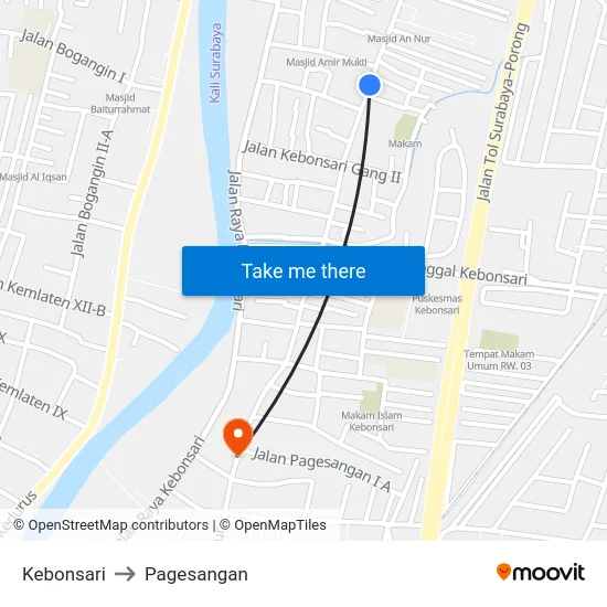 Kebonsari to Pagesangan map