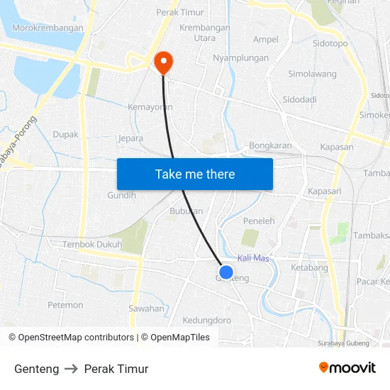 Genteng to Perak Timur map