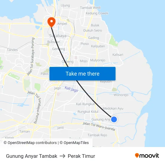 Gunung Anyar Tambak to Perak Timur map