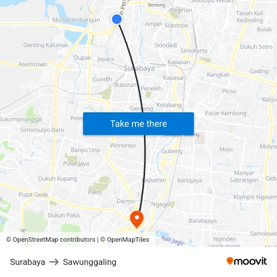 Surabaya to Sawunggaling map