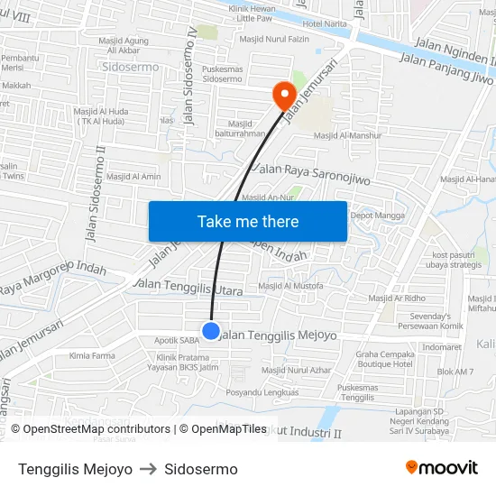 Tenggilis Mejoyo to Sidosermo map