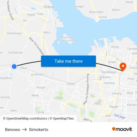 Benowo to Simokerto map