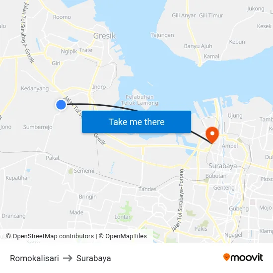Romokalisari to Surabaya map