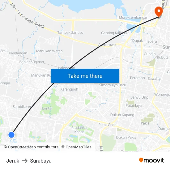 Jeruk to Surabaya map