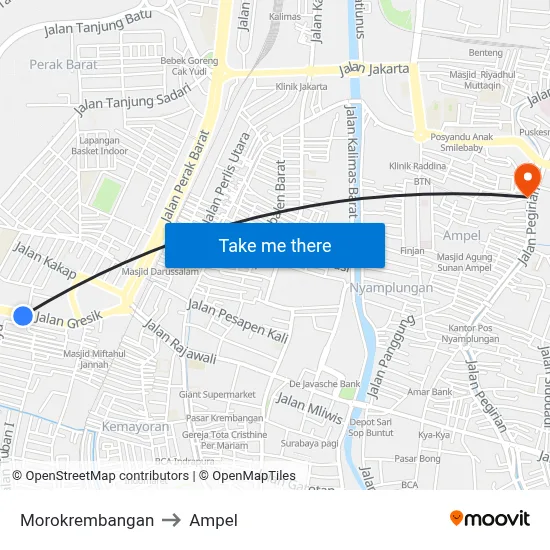 Morokrembangan to Ampel map