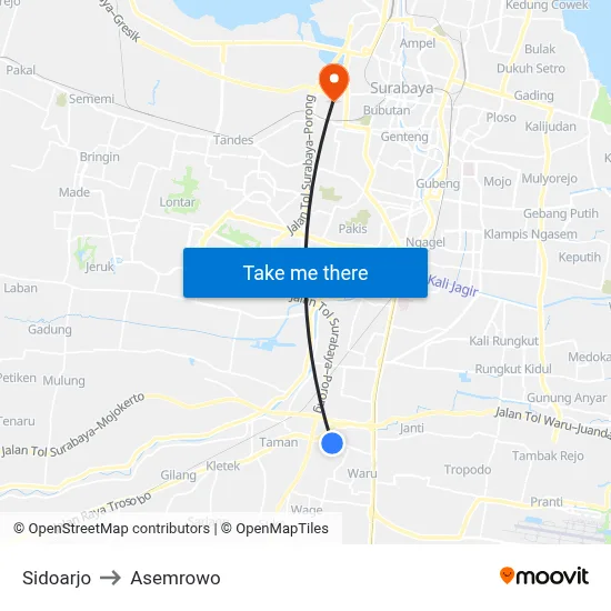 Sidoarjo to Asemrowo map
