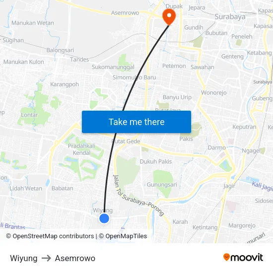 Wiyung to Asemrowo map